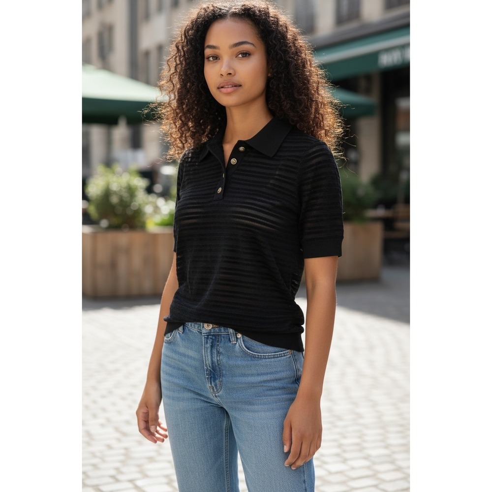 The Kooples Black Sheer Striped Knit Polo Shirt Short Sleeve Top Size S